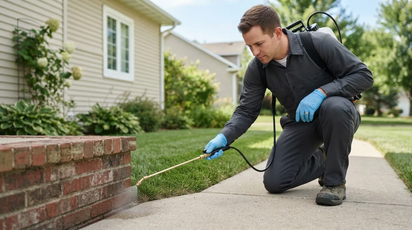 Pest control technician treating a home near Columbiana, OH